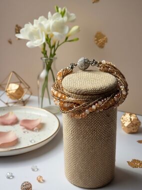 Beaded Multi-Strand Gold and Cream Crystal Bead Bracelet